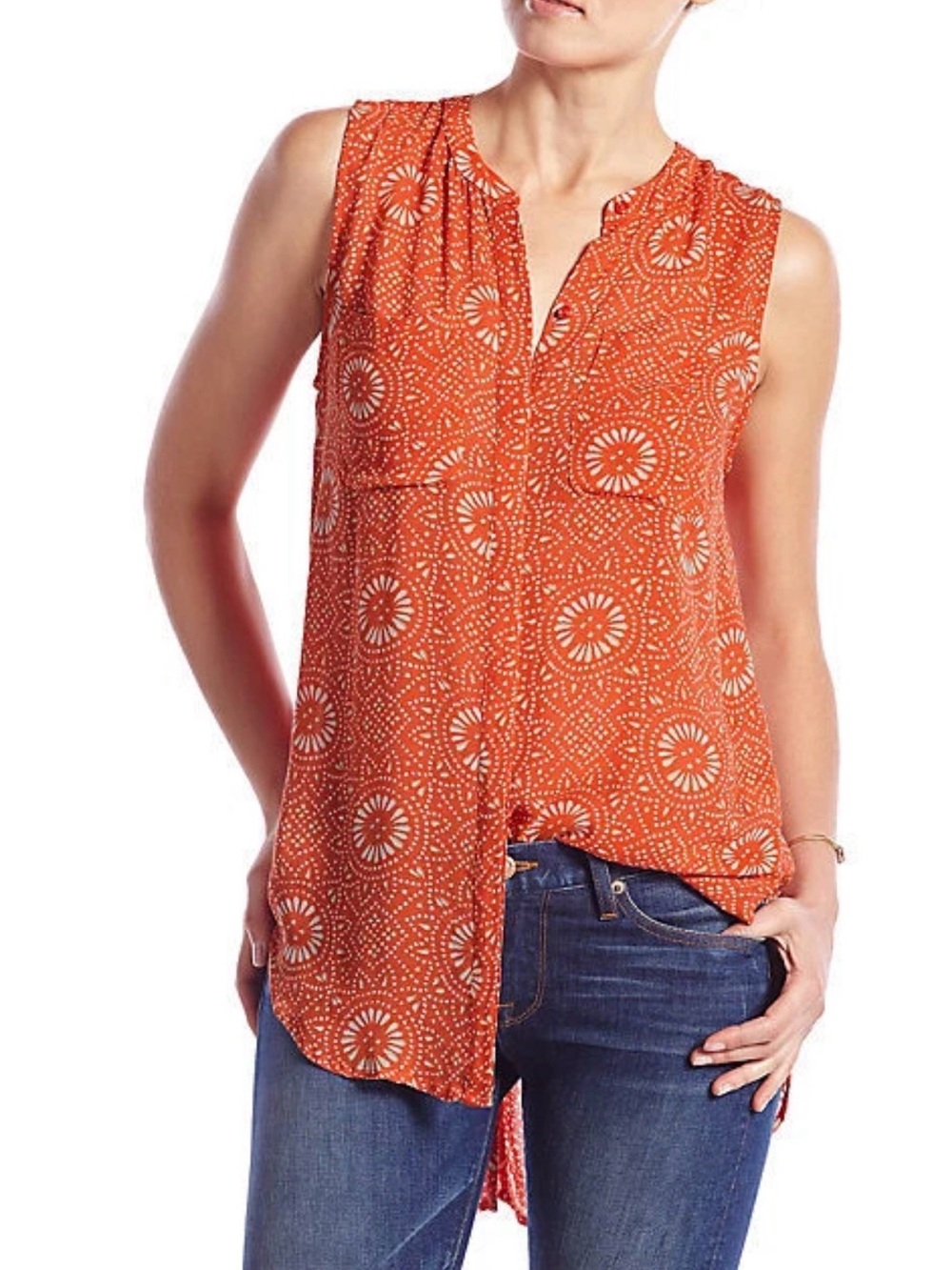 Lucky Brand Womens Batik Dot Orange Floral Button Down Sheer Sleeveless Top M